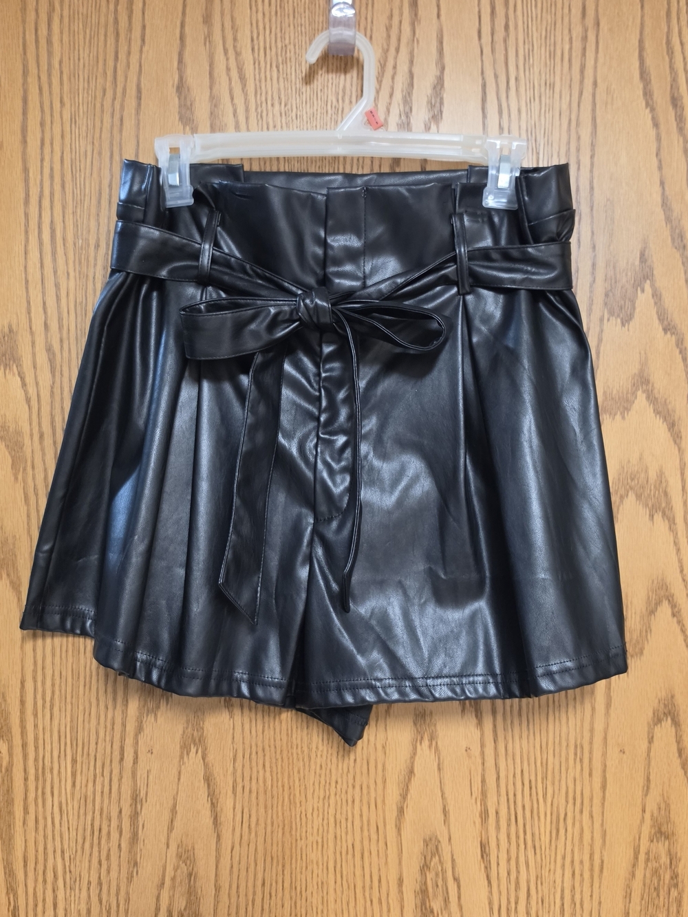Paperbag Waist Belted PU Leather Shorts - Black